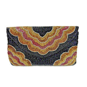 Vintage La Regale Evening Bag Clutch Purse Beaded Satin Black Gold Purple Beads